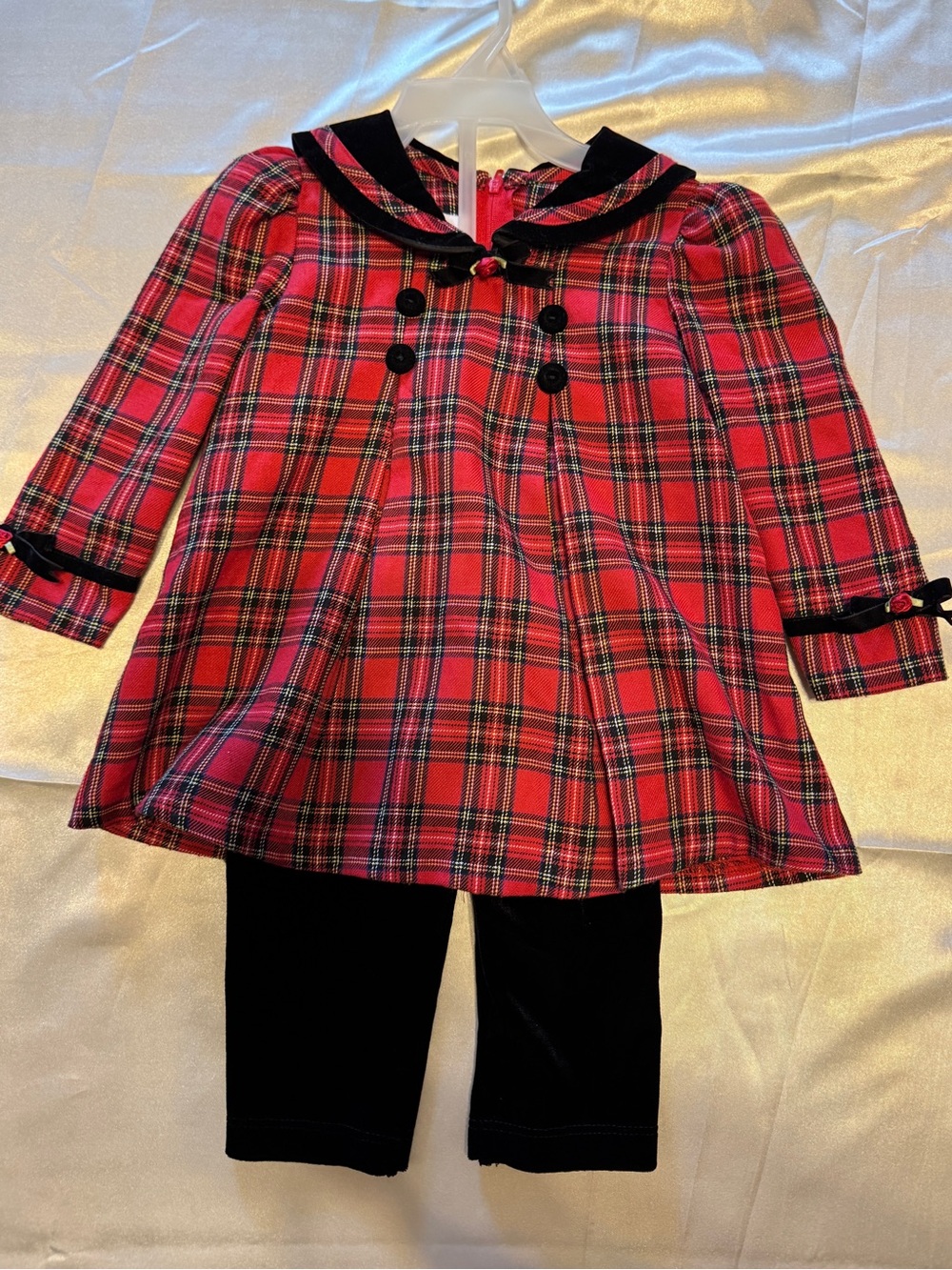Bonnie Baby Red Plaid Sailor Tunic 18M  with Velvet Black Pants 12M